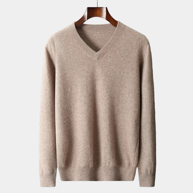 Men's V-Neck Jumper With Ribbed Neckline And Cuffs - Camel