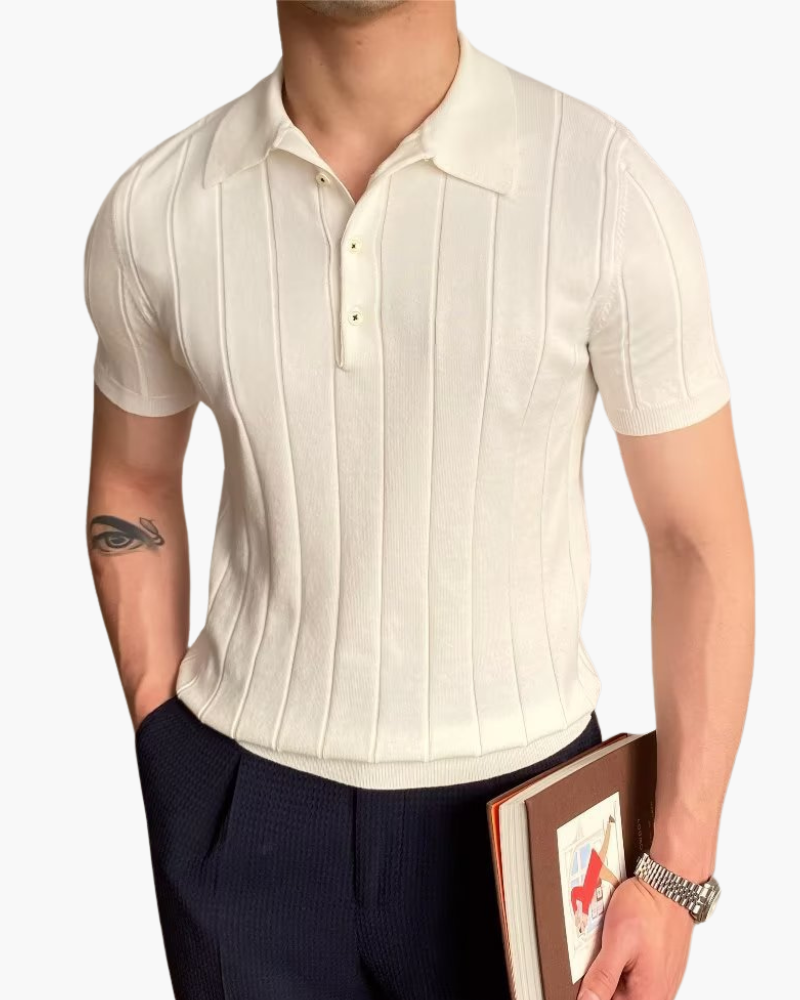 Men's Vertical-Rib Polo Shirt With Short Button Placket - White