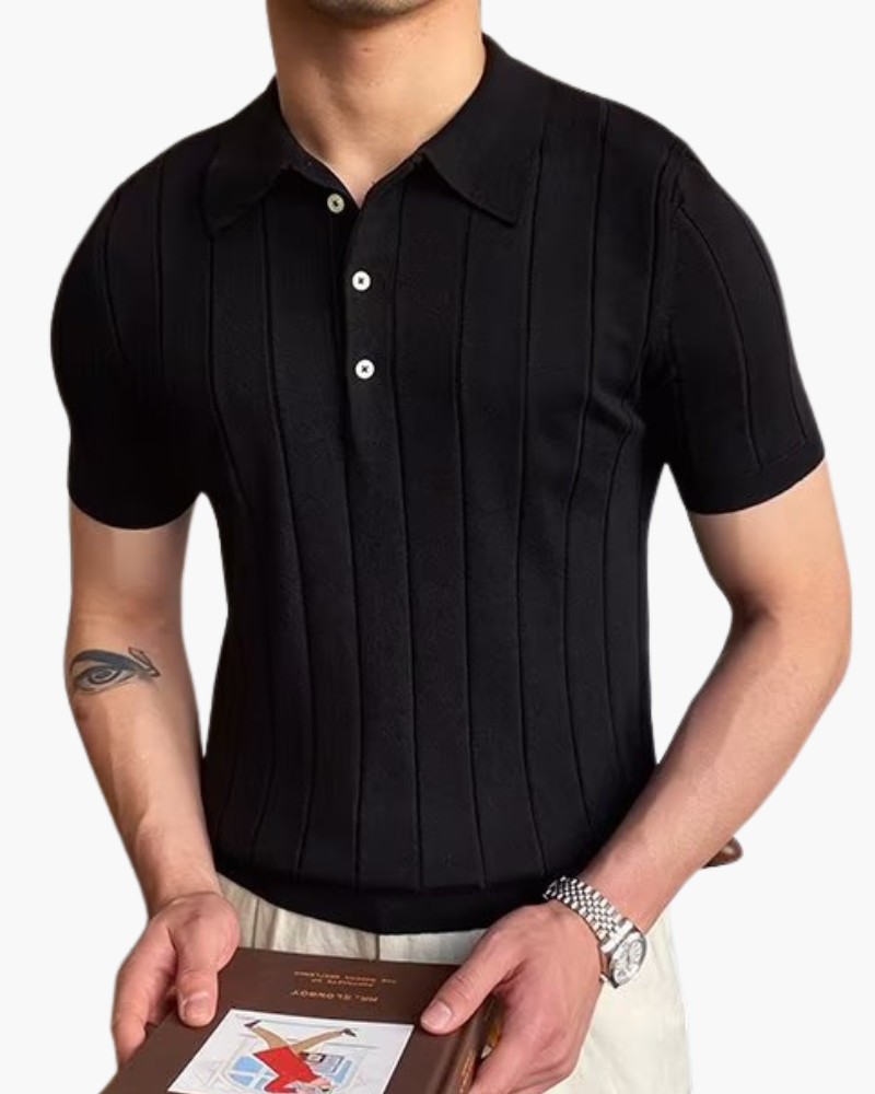 Men's Vertical-Rib Polo Shirt With Short Button Placket - Black