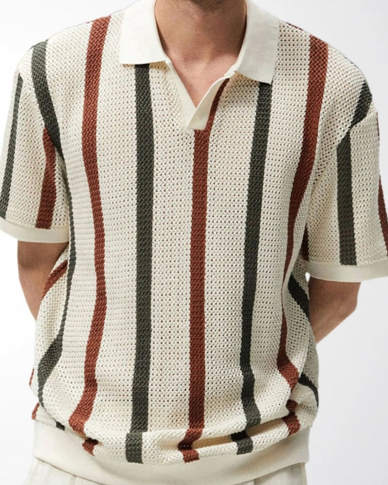 Men's Vertical Stripe Open-Collar Short-Sleeve Polo - Multicolour
