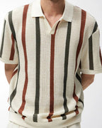 Men's Vertical Stripe Open-Collar Short-Sleeve Polo - Multicolour