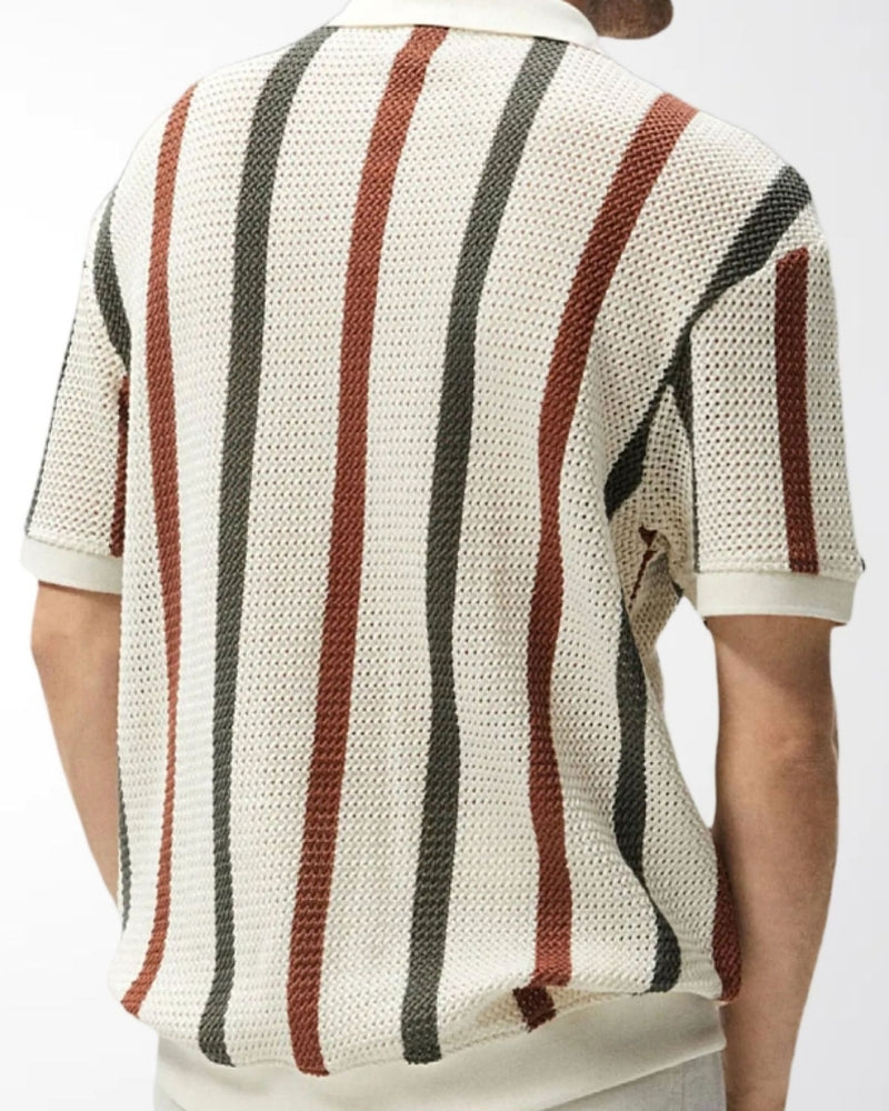 Men's Vertical Stripe Open-Collar Short-Sleeve Polo - Multicolour