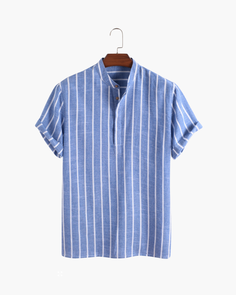 Men's Vertical-Stripe Popover Shirt With Stand Collar - Blue