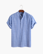 Men's Vertical-Stripe Popover Shirt With Stand Collar - Blue
