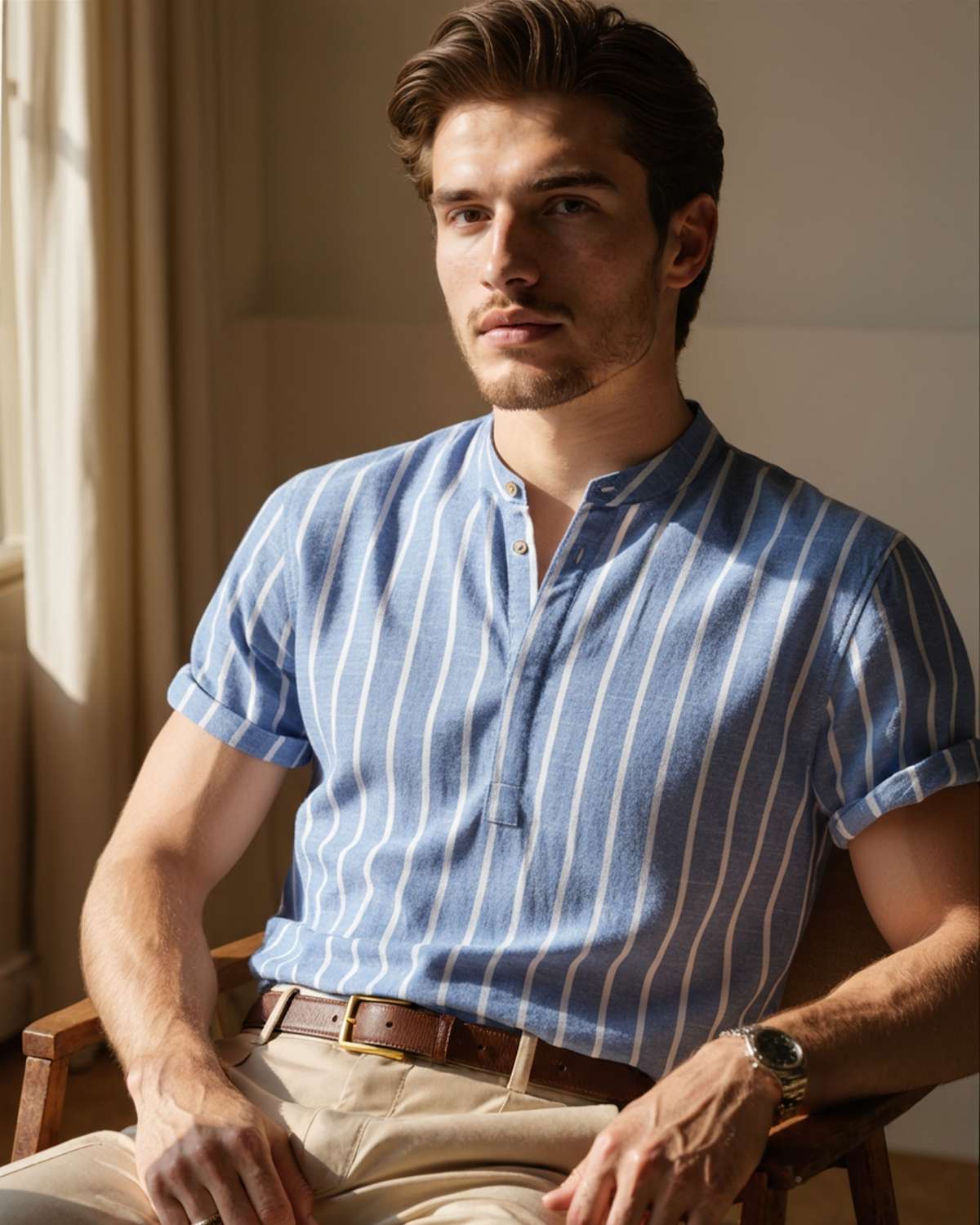 Men's Vertical-Stripe Popover Shirt With Stand Collar - Blue