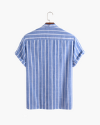 Men's Vertical-Stripe Popover Shirt With Stand Collar - Blue