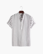 Men's Vertical-Stripe Popover Shirt With Stand Collar - White