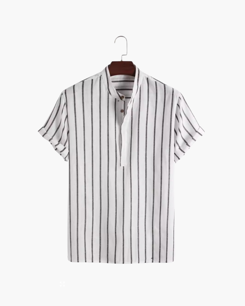 Men's Vertical-Stripe Popover Shirt With Stand Collar - White
