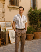 Men's Vertical-Stripe Popover Shirt With Stand Collar - White