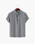 Men's Vertical-Stripe Popover Shirt With Stand Collar - Grey
