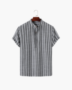 Men's Vertical-Stripe Popover Shirt With Stand Collar - Grey