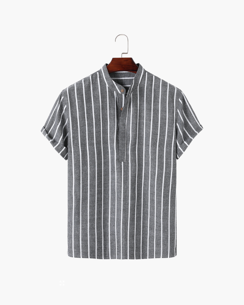 Men's Vertical-Stripe Popover Shirt With Stand Collar - Grey