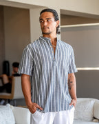 Men's Vertical-Stripe Popover Shirt With Stand Collar - Grey