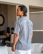 Men's Vertical-Stripe Popover Shirt With Stand Collar - Grey