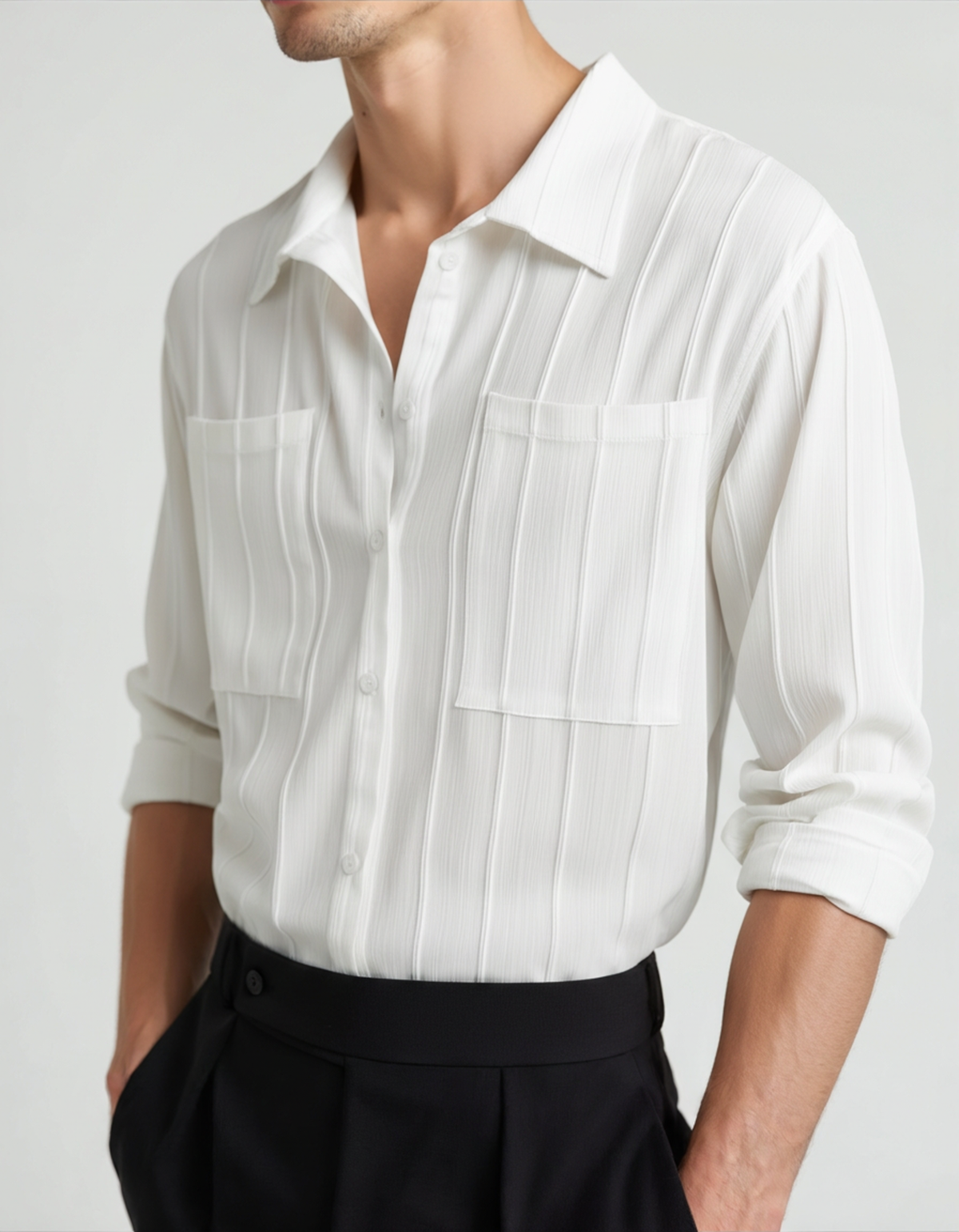 Men's Vertical-Stripe Shirt With Twin Chest Pockets - White