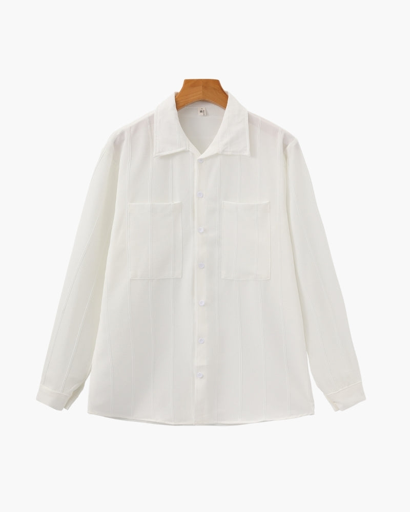 Men's Vertical-Stripe Shirt With Twin Chest Pockets - White