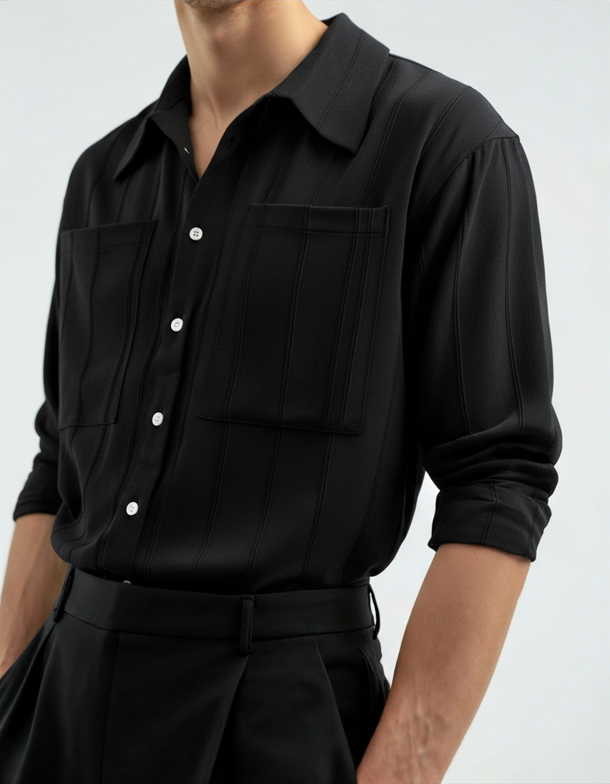 Men's Vertical-Stripe Shirt With Twin Chest Pockets - Black