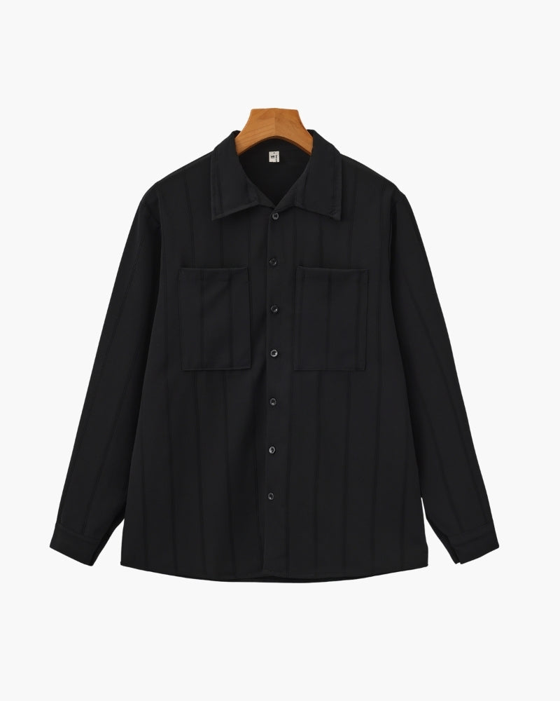 Men's Vertical-Stripe Shirt With Twin Chest Pockets - Black