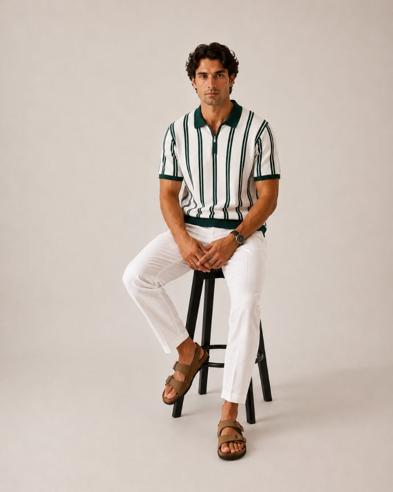 Men's Vertical-Stripe Zip Polo With Contrast Collar - Green
