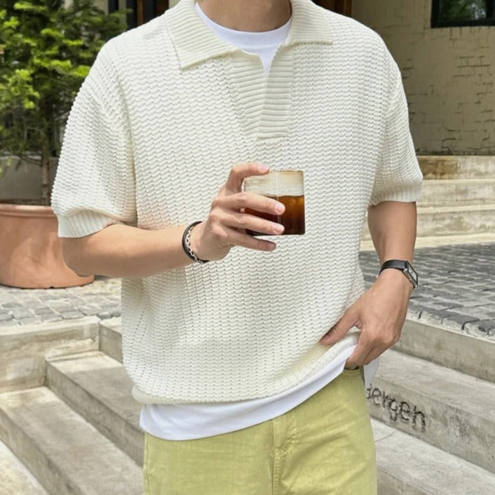 Men's Waffle-Knit Polo With Open Collar And Short Sleeves - Colour options