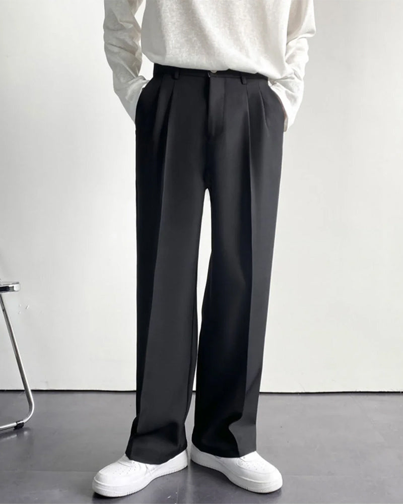 Men's Wide-Leg Pleated Trousers With Button Waistband - Black