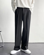 Men's Wide-Leg Pleated Trousers With Button Waistband - Black