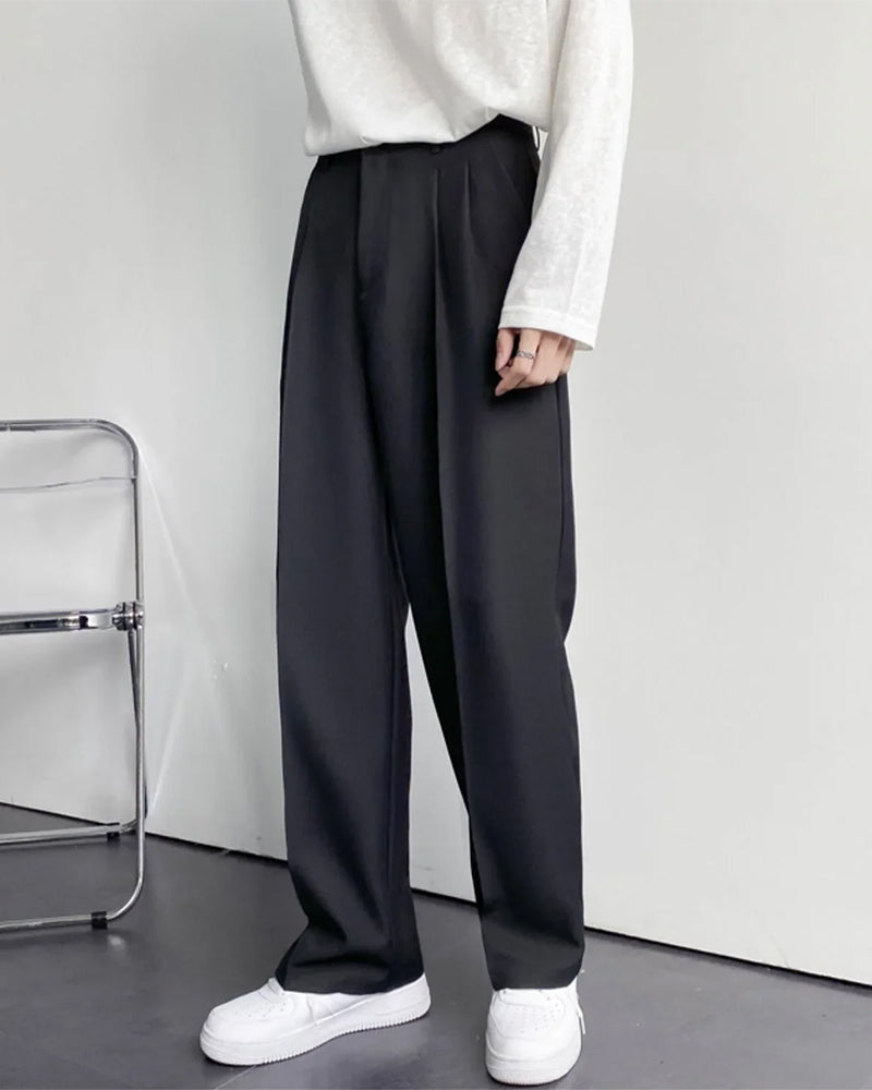 Men's Wide-Leg Pleated Trousers With Button Waistband - Black