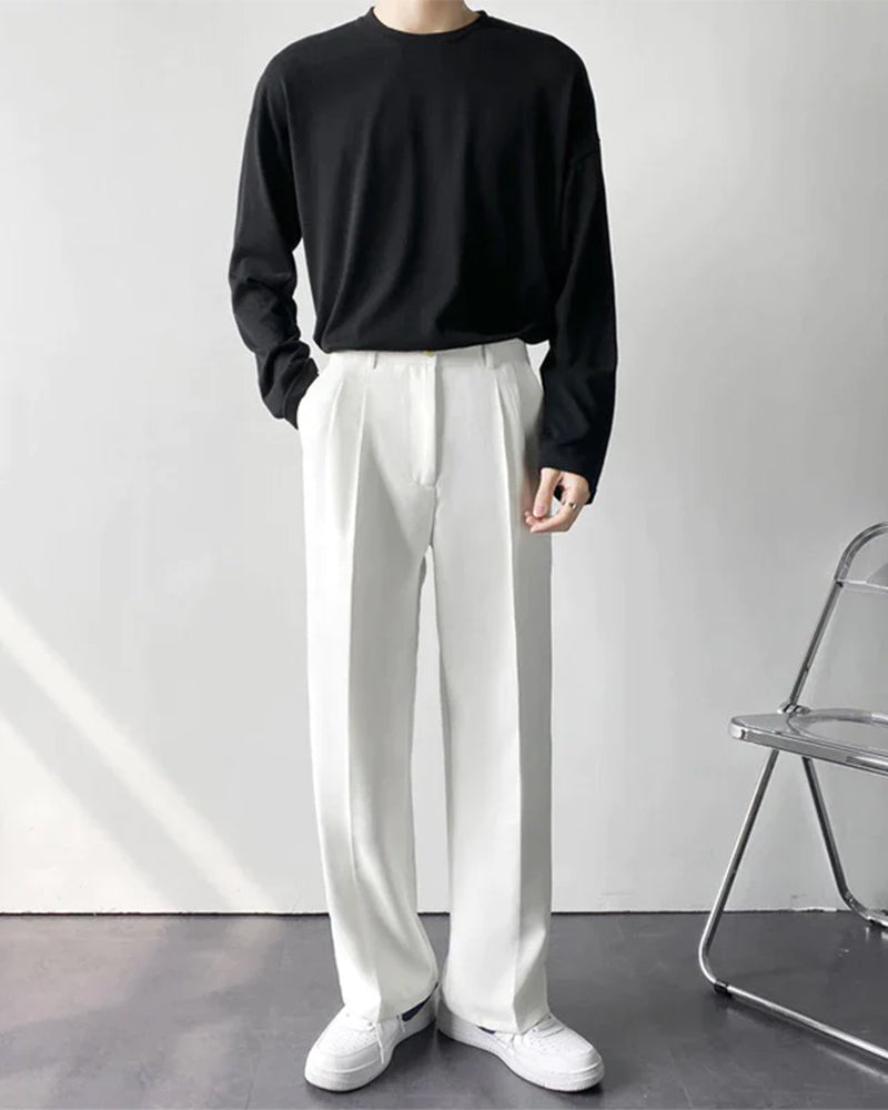Men's Wide-Leg Pleated Trousers With Button Waistband - White