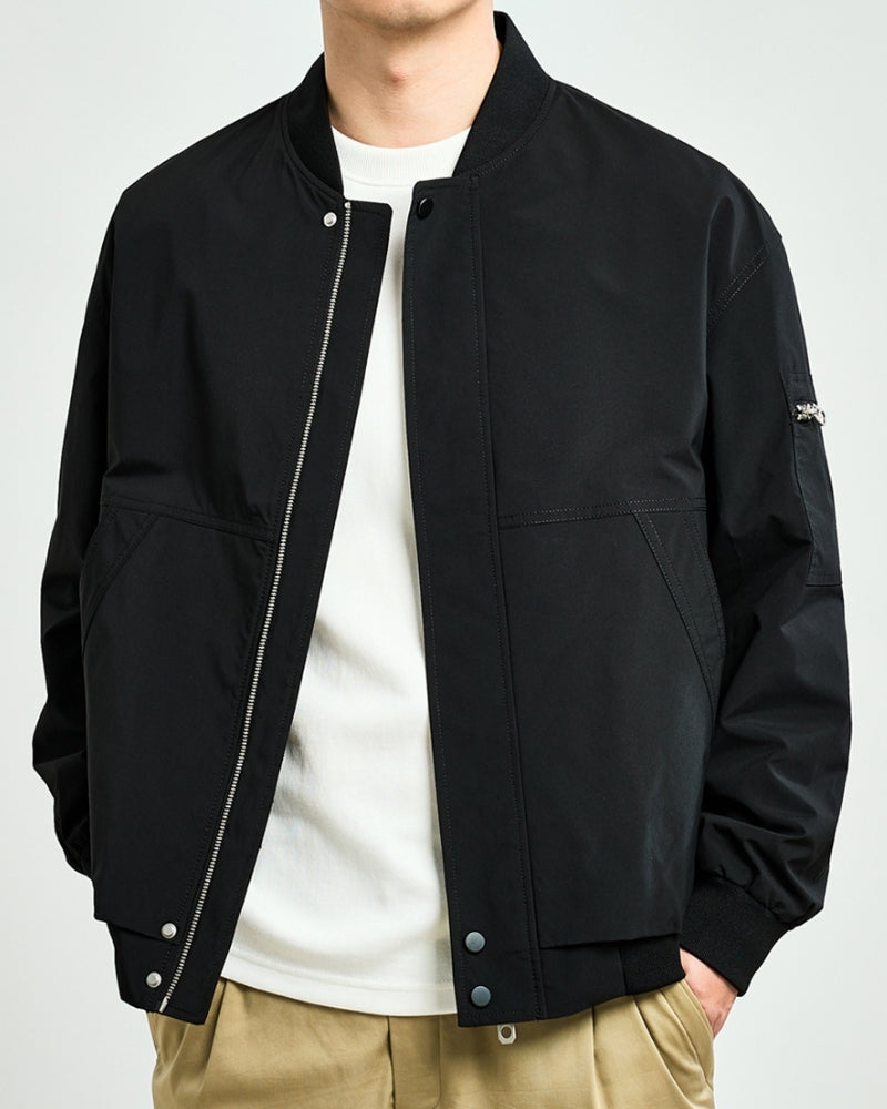 Men's Zip-Front Bomber Jacket With Sleeve Pocket - Black