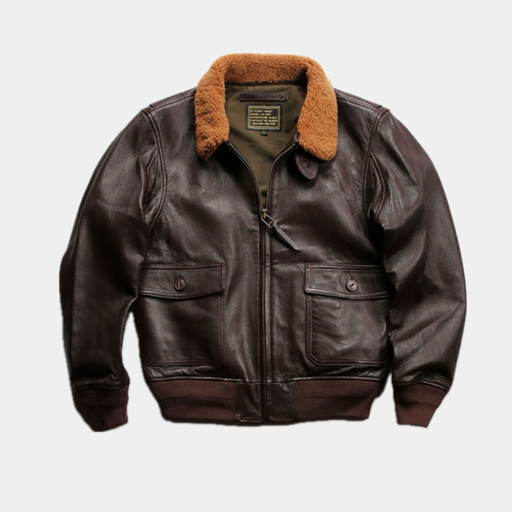 Men's Zip-Front Flight Jacket With Contrast Collar - Brown