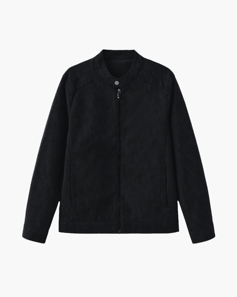 Men's Zip-Front Jacket With Short Stand Collar And Pockets - Black