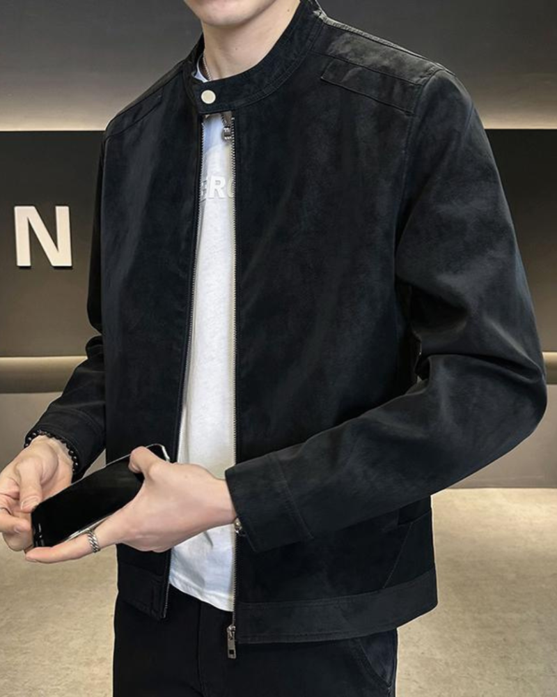 Men's Zip-Front Jacket With Short Stand Collar And Pockets - Black