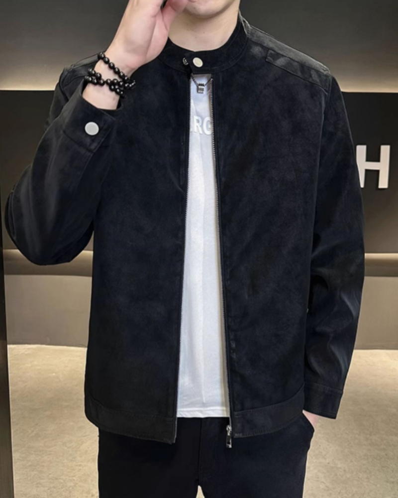 Men's Zip-Front Jacket With Short Stand Collar And Pockets - Black