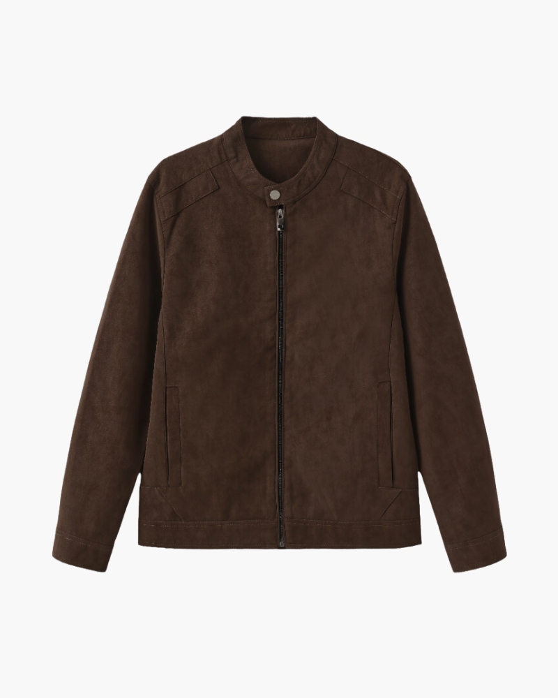 Men's Zip-Front Jacket With Short Stand Collar And Pockets - Brown