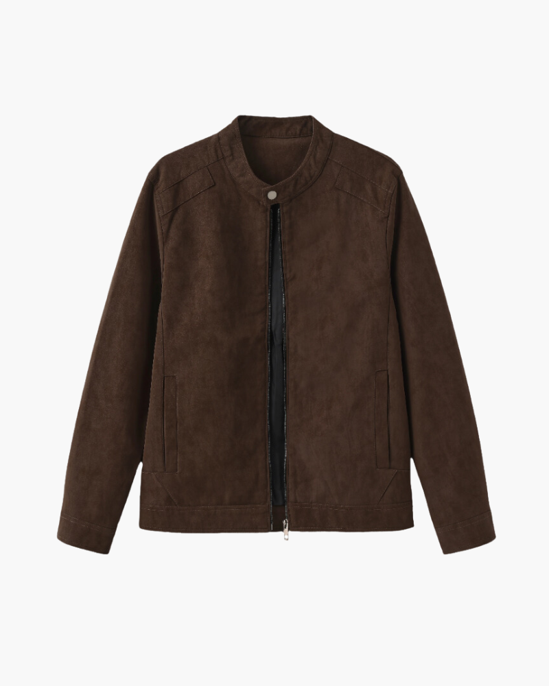 Men's Zip-Front Jacket With Short Stand Collar And Pockets - Brown
