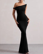 Women's Asymmetric-Neck Long Dress With Flared Hem - Black