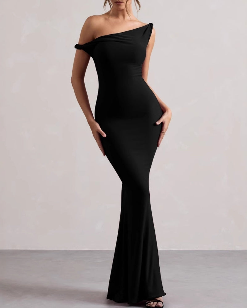 Women's Asymmetric-Neck Long Dress With Flared Hem - Black