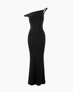 Women's Asymmetric-Neck Long Dress With Flared Hem - Black
