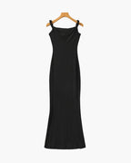 Women's Asymmetric-Neck Long Dress With Flared Hem - Black