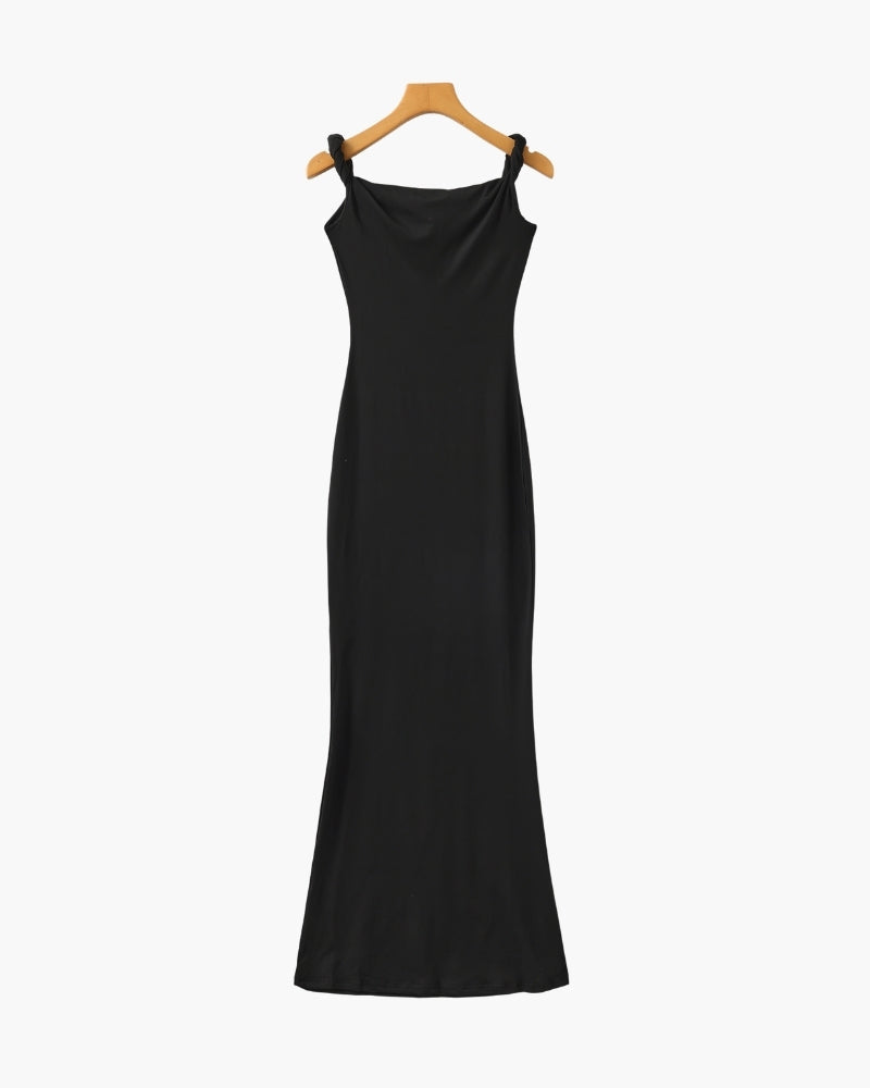 Women's Asymmetric-Neck Long Dress With Flared Hem - Black