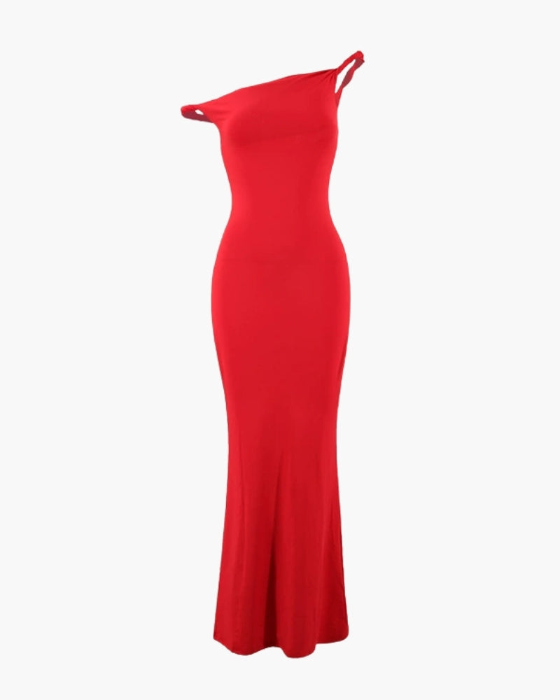 Women's Asymmetric-Neck Long Dress With Flared Hem - Red