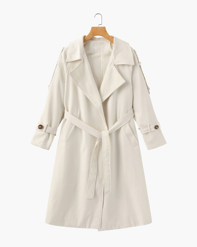 Women's Belted Trench Coat With Buttoned Cuff Tabs - Beige
