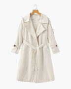 Women's Belted Trench Coat With Buttoned Cuff Tabs - Beige