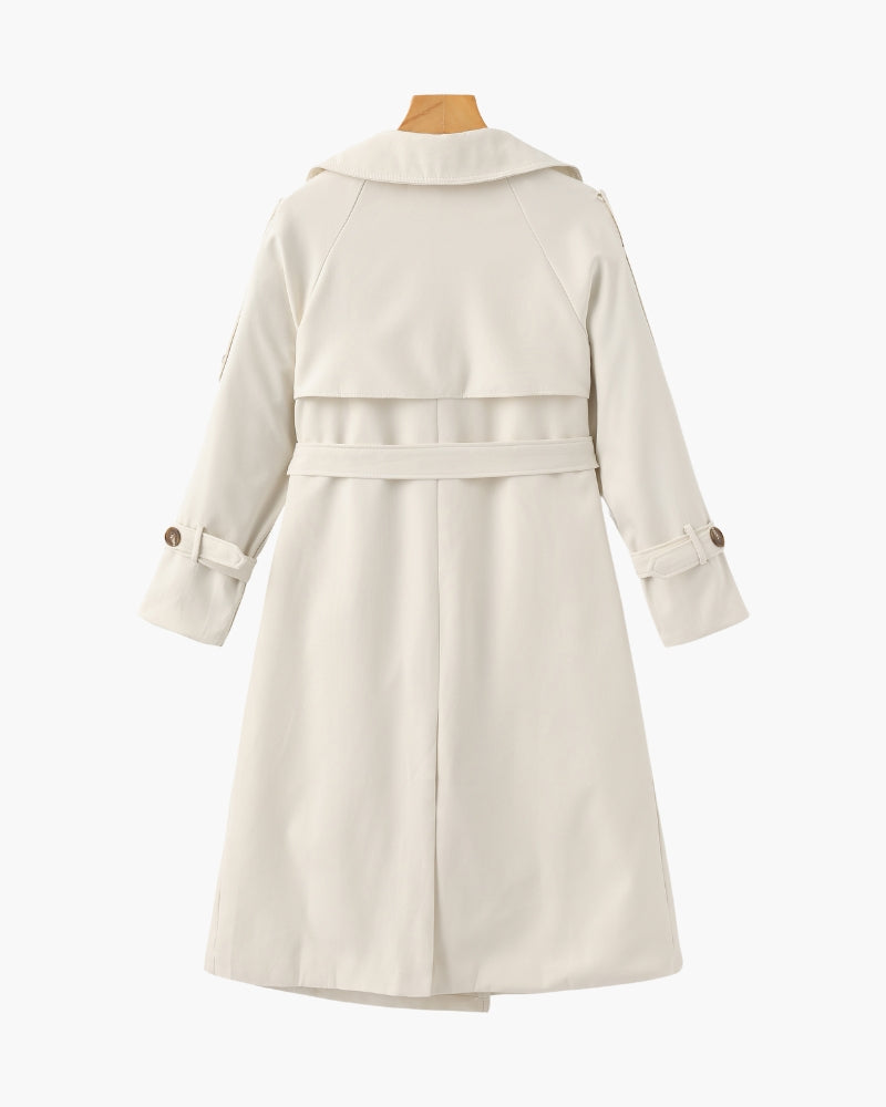 Women's Belted Trench Coat With Buttoned Cuff Tabs - Beige