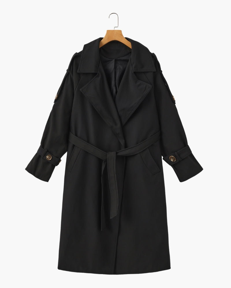 Women's Belted Trench Coat With Buttoned Cuff Tabs - Black