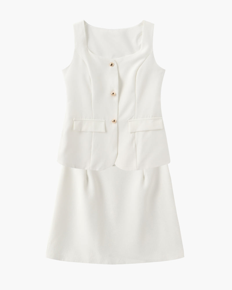 Women's Button-Front Waistcoat And Short Skirt Set - White