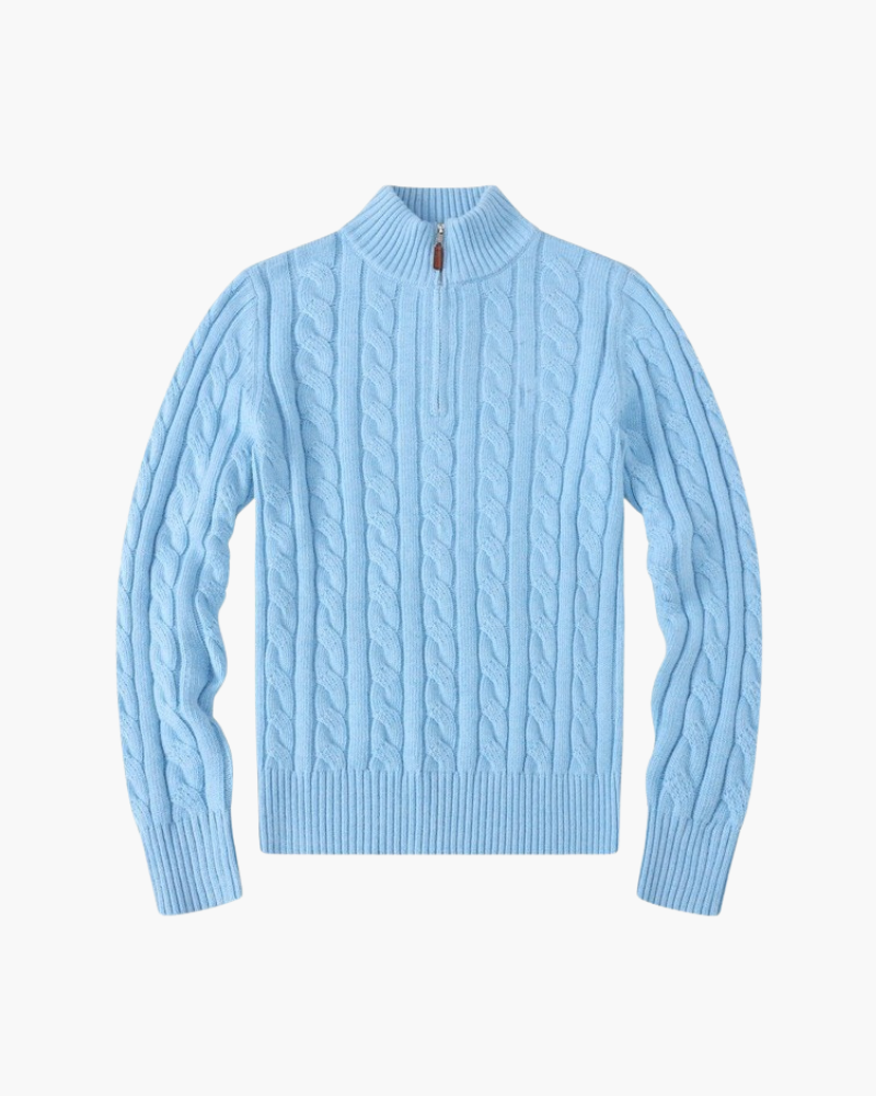 Women's Cable-Pattern Half-Zip Jumper With Stand Neck - Baby Blue