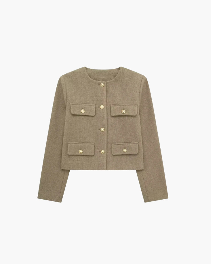 Women's Cropped Collarless Jacket With Four Pockets - Brown