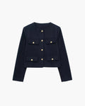 Women's Cropped Collarless Jacket With Four Pockets - Navy