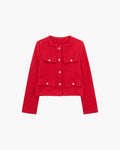 Women's Cropped Collarless Jacket With Four Pockets - Red